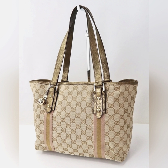 Authentic GUCCI Monogram GG Canvas Jolicoeur Pink and Gold Tote - Picture 1 of 14